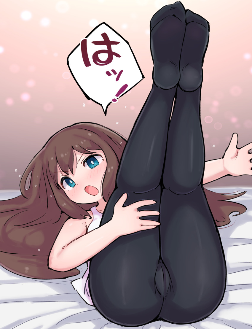 1girl :o aqua_eyes black_pantyhose bright_pupils brown_hair cameltoe commentary_request feet hair_down hand_on_own_thigh highres kutabireta_neko long_hair lying nintendo on_back open_mouth outstretched_arm pantyhose pokemon pokemon_bw2 rosa_(pokemon) shirt sleeveless sleeveless_shirt solo speech_bubble translation_request white_pupils white_shirt