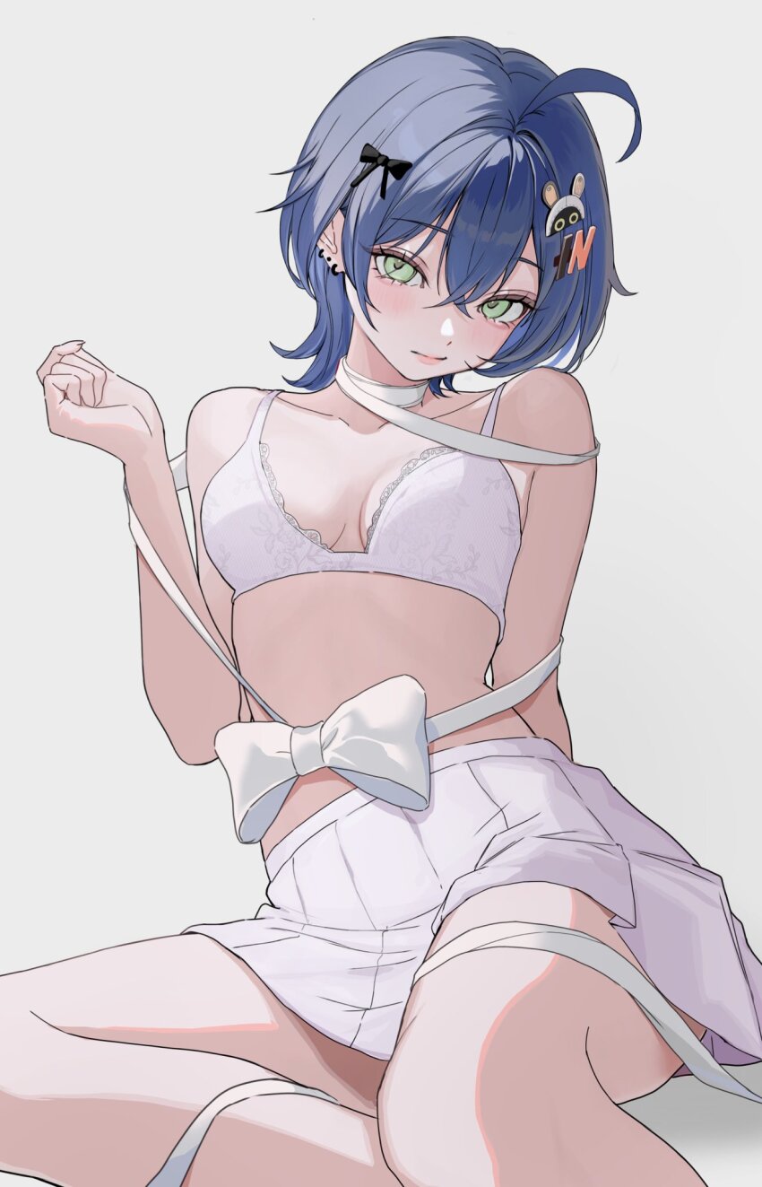 10_plus 1girl ahoge alternate_costume belle_(zenless_zone_zero) blue_hair bra breasts closed_mouth commentary crossed_bangs ear_piercing green_eyes hair_between_eyes hair_ornament highres letter_hair_ornament lips looking_at_viewer medium_breasts piercing pleated_skirt revision ribbon short_hair sitting skirt solo stomach symbol-only_commentary underwear white_background white_bra white_skirt yokozuwari zenless_zone_zero