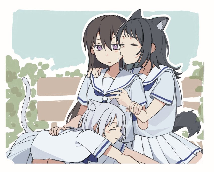 3girls animal_ear_fluff animal_ears bang_dream! bang_dream!_it's_mygo!!!!! bench black_hair blue_neckerchief blue_shirt brown_hair cat_ears cat_girl cat_tail fang hair_between_eyes hanasakigawa_school_uniform hand_on_another's_shoulder highres jenjen kaname_raana kemonomimi_mode licking licking_another's_face long_hair lying medium_hair mole mole_under_eye multiple_girls neckerchief on_lap on_stomach pleated_skirt purple_eyes raana_the_cat sailor_collar school_uniform shiina_taki shirt short_hair sitting skin_fang skirt stretching tail white_hair white_sailor_collar white_shirt white_skirt wolf_ears wolf_girl wolf_tail yahata_umiri yuri