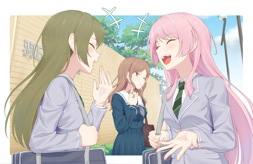 3girls anglediana bag bang_dream! bang_dream!_it's_mygo!!!!! blue_eyes blue_shirt blue_skirt blush brown_hair chihaya_anon chinese_commentary closed_eyes commentary_request day diagonal-striped_clothes diagonal-striped_necktie eri_(bang_dream!) fang green_hair green_necktie grey_bag grey_jacket grey_neckerchief haneoka_school_uniform highres jacket long_hair long_sleeves multiple_girls nagasaki_soyo neckerchief necktie open_mouth outdoors pink_hair school_bag school_uniform shirt shoulder_bag skirt striped_clothes teeth tsukinomori_school_uniform twirling_hair upper_teeth_only