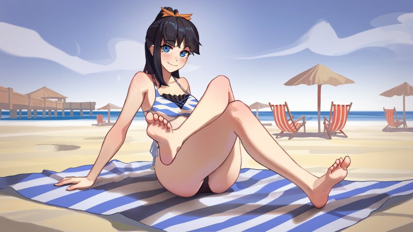 1girl absurdres barefoot beach beach_chair beach_towel bikini black_hair blue_eyes blue_sky blush breasts collarbone commentary commission crossed_legs day dethmaid english_commentary eyelashes feet full_body gridman_universe hair_ornament highres knees_together_feet_apart legs long_hair looking_at_viewer medium_breasts ocean outdoors ponytail second-party_source shadow sitting sky smile soles solo ssss.gridman swimsuit takarada_rikka thick_thighs thighs toes towel