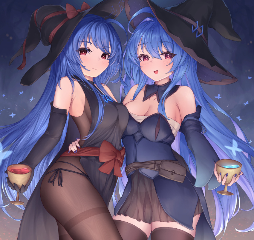 2girls :d absurdres alternate_costume azur_lane bare_shoulders black_dress black_gloves black_panties blue_dress blue_hair blue_nails blush bodysuit bow breast_press breasts cleavage corset detached_sleeves dress elbow_gloves gloves hair_between_eyes hand_on_another's_hip hat hat_bow helena_(azur_lane) helena_(meta)_(azur_lane) highres hip_focus kyl490 long_hair looking_at_viewer medium_breasts multi-strapped_panties multiple_girls open_mouth panties pink_eyes purple_eyes purple_hair red_bow red_eyes side-tie_panties sideless_dress sleeveless sleeveless_dress smile strapless strapless_dress symmetrical_docking thighhighs thighs tube_dress underwear very_long_hair witch witch_hat