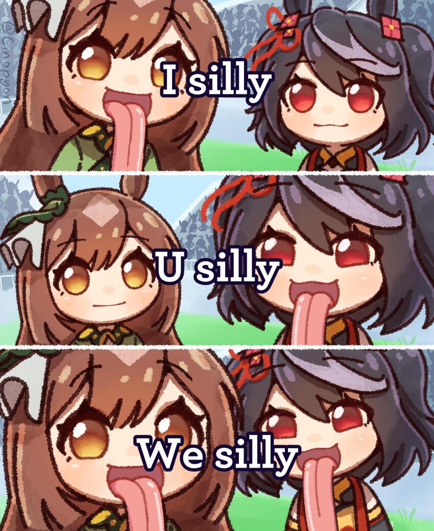 2girls :3 :d :| absurdres animal_ears artist_name black_hair bow brown_eyes brown_hair cinopyon closed_mouth commentary dress ear_ornament ear_ribbon english_commentary english_text freaky_satono_diamond_(meme) green_dress highres horse_ears horse_girl kitasan_black_(crowning_ooban)_(umamusume) kitasan_black_(umamusume) long_tongue looking_at_viewer meme multicolored_hair multiple_girls open_mouth red_eyes satono_diamond_(natural_brilliance)_(umamusume) satono_diamond_(umamusume) smile streaked_hair tongue tongue_out twitter_username umamusume upper_body very_long_tongue