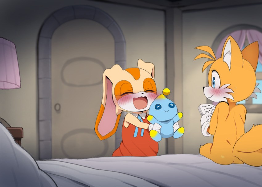 1boy 1girl animal_ears blue_eyes blush chao_(sonic) commentary cream_the_rabbit dagasi english_commentary fox_boy furry furry_female furry_male highres smile sonic_(series) tail tails_(sonic)