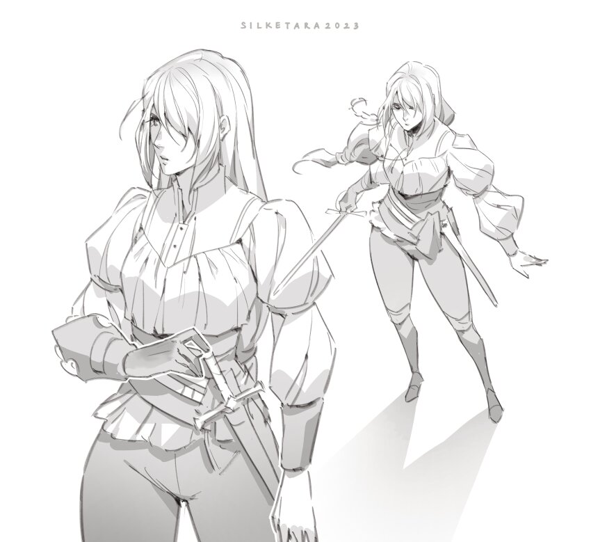 absurdres alternate_costume artist_name boots clothes final_fantasy final_fantasy_xvi gloves greyscale highres holding holding_sword holding_weapon jill_warrick long_hair looking_to_the_side monochrome pants shadow shirt silketara sword warrior weapon white_background