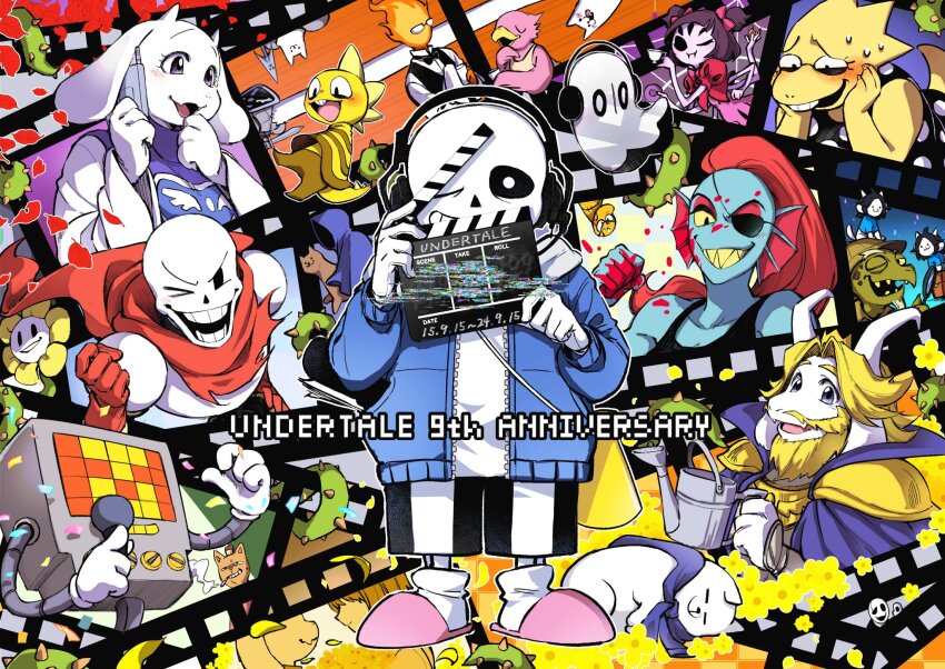 4girls 6+boys ahin_vpv alphys annoying_dog arthropod_girl asgore_dreemurr asriel_dreemurr blood blue_jacket burgerpants chara_(undertale) character_request flowey_(undertale) ghost glasses goat_boy goat_girl grillby happy_anniversary highres insect_girl jacket mad_dummy_(undertale) mettaton mettaton_(box) monster_kid_(undertale) muffet multiple_boys multiple_girls napstablook red_scarf sans_(undertale) scarf spider_girl temmie toriel undertale undyne utdr_(toby_fox)