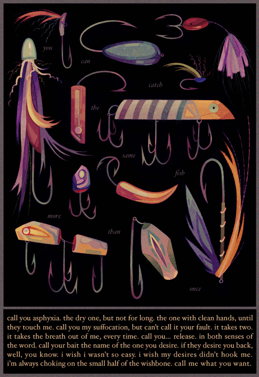 analogous_colors black_background border english_text feathers fish_hook fishing_lure grey_border highres hook lure no_humans object_focus orange_feathers original purple_feathers purple_theme quezify text_focus yellow_text