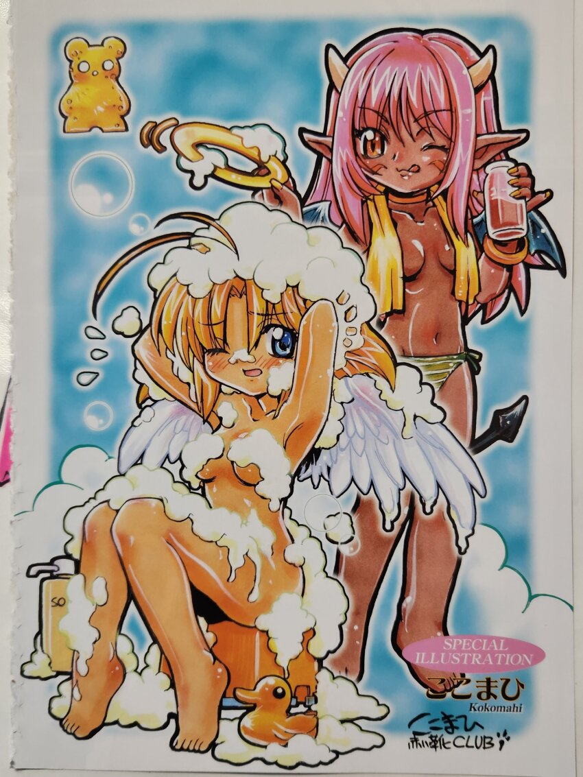 2girls :q angel angel_and_devil antenna_hair armpits arms_behind_head arms_up artist_name barefoot black_wings bottle bracelet choker circle_name closed_mouth commentary_request completely_nude convenient_censoring dark-skinned_female dark_skin demon_girl demon_tail demon_wings facial_mark feathered_wings flying_sweatdrops green_panties halo highres holding holding_bottle horns jewelry kokomahi long_hair looking_at_another medium_hair multiple_girls nail_polish navel nude one_eye_closed open_mouth orange_choker original panties pink_hair red_eyes rubber_duck side-tie_panties sitting smile soap soap_bottle soap_bubbles soap_censor sponge standing striped_clothes striped_panties tail tongue tongue_out topless_female towel towel_around_neck traditional_halo traditional_media underwear white_wings wings yellow_nails