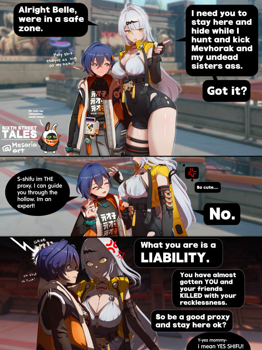 2girls 3d absurdres anger_vein bangboo_(zenless_zone_zero) belle_(zenless_zone_zero) black_gloves black_shirt black_unitard blue_hair blush breasts cleavage closed_eyes elbow_gloves english_text eous_(zenless_zone_zero) game_screenshot_background gloves grey_hair hair_ornament hand_on_another's_head height_difference high-waist_shorts highres jacket large_breasts letter_hair_ornament long_hair looking_at_breasts mesaria_art mole mole_on_breast multiple_girls nervous_sweating orange_gloves pointy_ears screenshot_background shirt short_hair shorts single_elbow_glove single_hair_intake single_thighhigh smile speech_bubble standing sweat thighhighs white_hair wide-eyed yellow_eyes yin_yang_pin yixuan_(zenless_zone_zero) zenless_zone_zero