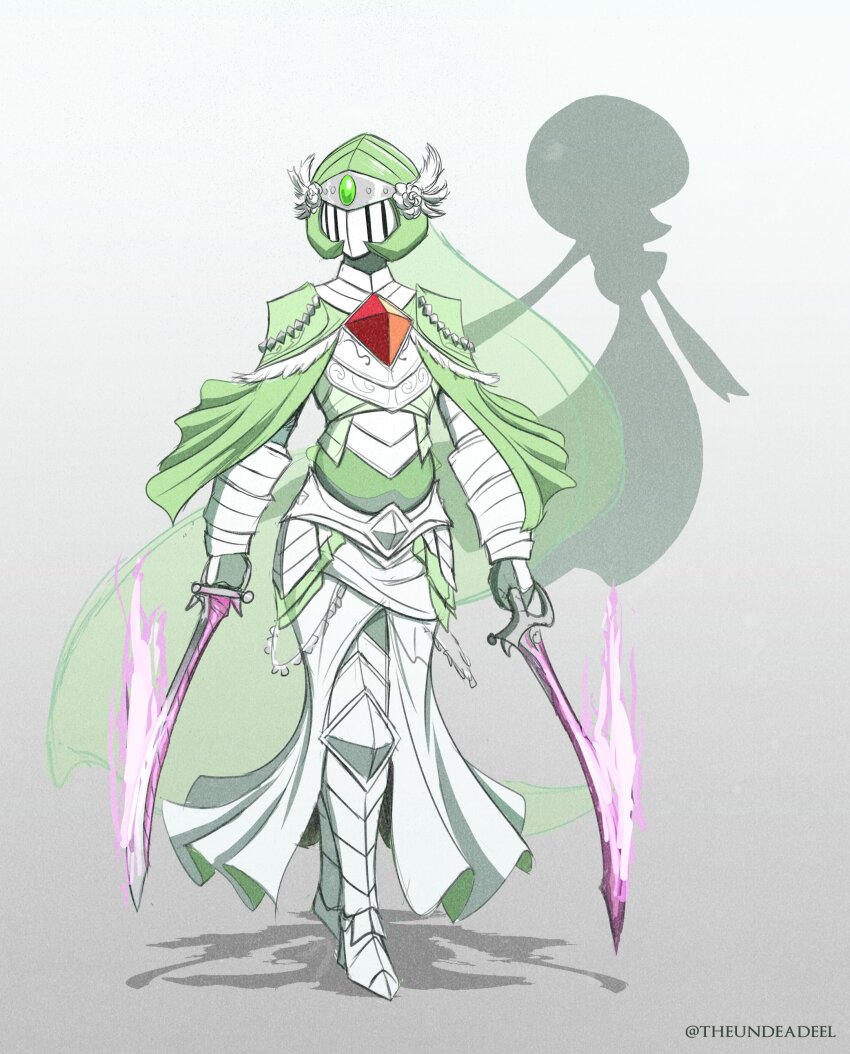 1girl absurdres ambiguous_gender arm_armor armor armored_boots armored_dress armored_gloves bob_cut boots breastplate capelet chest_guard chest_jewel cosplay covered_face dress drop_shadow dual_wielding energy_sword facing_to_the_side faulds feathers forehead_protector gardevoir gardevoir_(cosplay) gem gen_3_pokemon gorget greaves green_armor green_capelet green_hair green_helmet green_veil grey_background helmet highres holding holding_sword holding_weapon humanization knight leg_armor looking_to_the_side magic nintendo official_art_inset personification pokemon pokemon_(creature) poleyn red_gemstone sabaton sword theundeadeel twitter_username two-tone_armor two-tone_dress veil visor_(armor) weapon white_armor white_boots white_dress white_feathers white_helmet winged_helmet