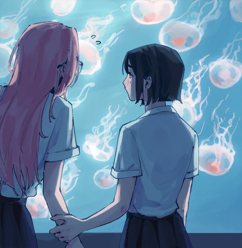 2girls alien_stage aquarium badhapple black_hair black_skirt commentary english_commentary grabbing_another's_arm highres jellyfish long_hair mizi_(alien_stage) multiple_girls pink_hair shirt short_hair short_sleeves skirt sua_(alien_stage) white_shirt