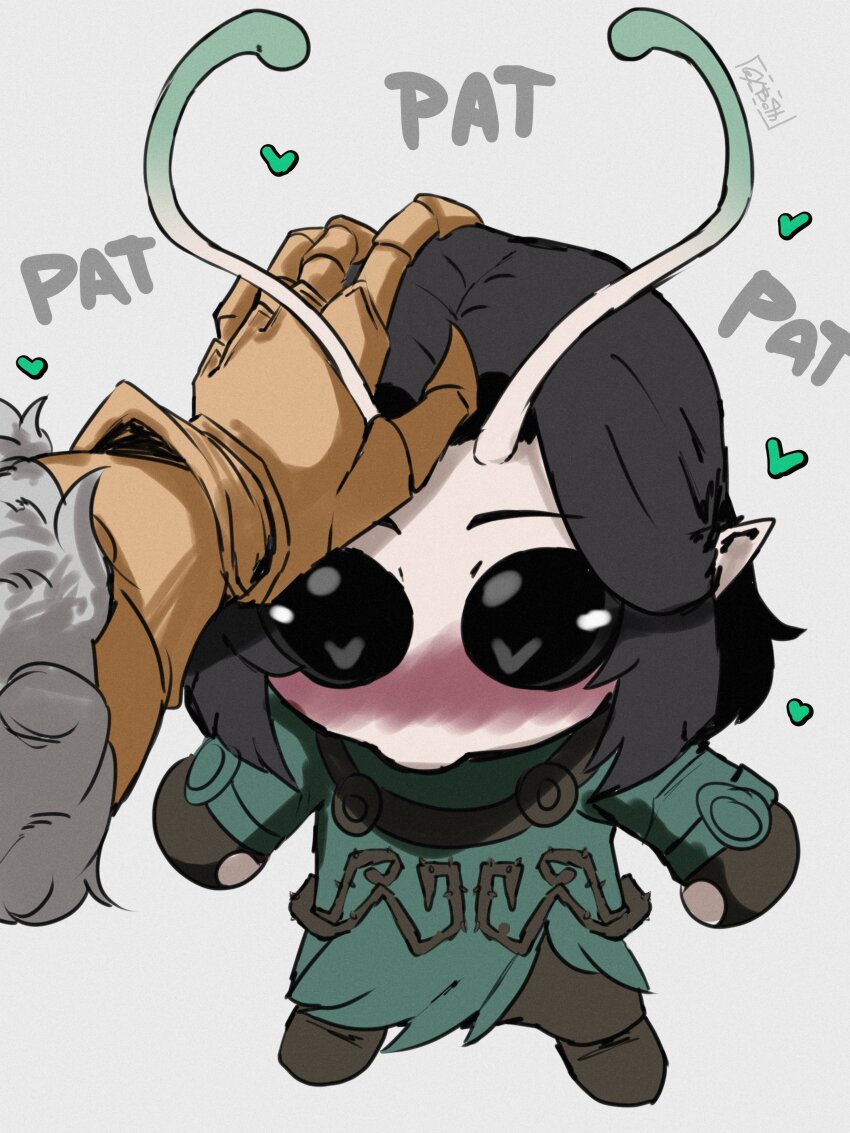 absurdres alien antennae arthropod_girl black_eyes black_gloves black_hair black_pants blush chibi fur-trimmed_gloves fur_trim gauntlets gloves gold_gauntlets green_robe gy_beth headpat highres lady_loki mantis_(marvel) marvel marvel_rivals pants pointy_ears pov pov_hands robe very_big_eyes white_background