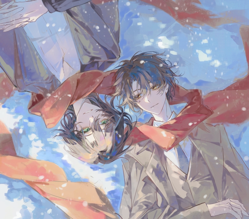 2boys alternate_costume black_hair black_vest brown_coat closed_mouth coat collared_shirt commentary curtained_hair green_eyes grey_coat hair_between_eyes hands_on_own_stomach highres klein_moretti lapels leonard_mitchell long_sleeves looking_at_another lord_of_the_mysteries lying male_focus multiple_boys necktie on_back on_ground open_clothes open_coat outdoors own_hands_together parted_lips red_scarf rotational_symmetry scarf shared_clothes shared_scarf shirt short_hair smile snow snowing symbol-only_commentary upper_body upside-down vest white_shirt xiyou_de_huakucha yellow_eyes