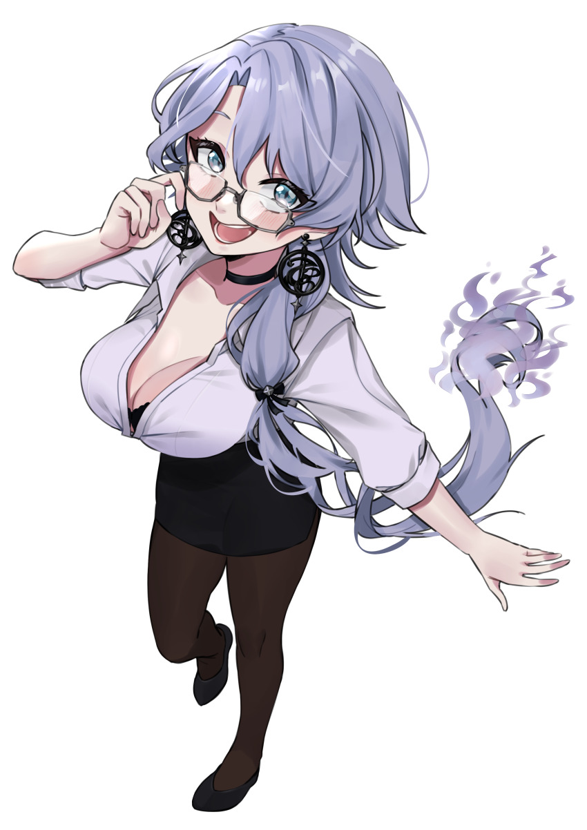 1girl absurdres black_bow black_bra black_choker black_shoes black_skirt blue_eyes bow bra bra_peek breasts choker cleavage earrings glasses grey_hair hair_bow highres jewelry long_hair office_lady open_mouth pantyhose phase_connect second-party_source seiji_kimoti shirt shisui_michiru shoes skirt smile solo underwear virtual_youtuber white_background white_shirt
