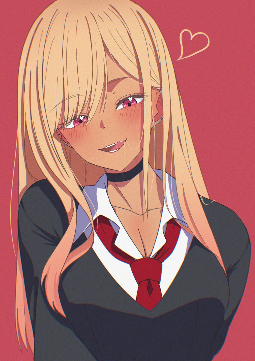 1girl absurdres alternate_skin_color black_sweater blonde_hair breasts cleavage commentary_request dark-skinned_female dark_skin ganetto29 gyaru heart highres kitagawa_marin large_breasts long_hair necktie open_mouth red_eyes red_necktie shirt solo sono_bisque_doll_wa_koi_wo_suru sweater tan tongue tongue_out upper_body white_shirt