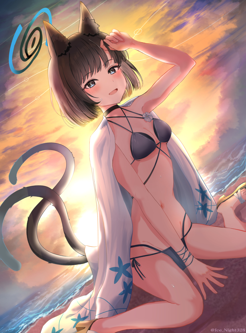 1girl :d absurdres adjusting_hair animal_ear_fluff animal_ears arm_up backlighting beach between_legs bikini black_choker black_eyes black_hair blue_archive blue_bikini blunt_ends blush bob_cut breasts bright_pupils cat_ears cat_girl cat_tail choker cleavage cloud commentary_request criss-cross_halter foot_out_of_frame halterneck hand_between_legs haori_on_shoulders highres ice_night328 kikyou_(blue_archive) kikyou_(swimsuit)_(blue_archive) looking_at_viewer medium_breasts multi-strapped_bikini_bottom multi-strapped_bikini_top multiple_tails navel ocean official_alternate_costume open_mouth orange_sky outdoors ring_of_light_(blue_archive) sandals short_hair side-tie_bikini_bottom sitting sky smile solo stomach straight_hair sunlight sunset sweat swimsuit tail thighs tsurime twitter_username two_tails wariza white_pupils