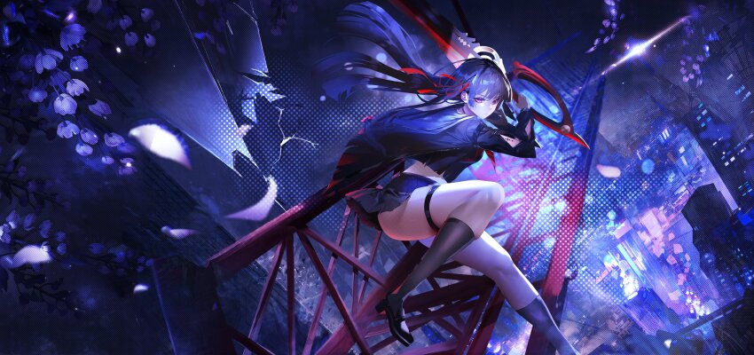 1girl absurdres arm_cutout black_hair black_serafuku black_shirt black_shoes black_skirt black_socks breasts chisa_(wuthering_waves) clothing_cutout commentary crop_top english_commentary hair_ribbon highres holding holding_sword holding_weapon long_hair long_sleeves looking_at_viewer medium_breasts red_eyes red_ribbon ribbon sailor_collar school_uniform serafuku shirt shoes skirt socks solo sword tacet_mark_(wuthering_waves) thigh_strap thighs weapon white_sailor_collar wuthering_waves yirin