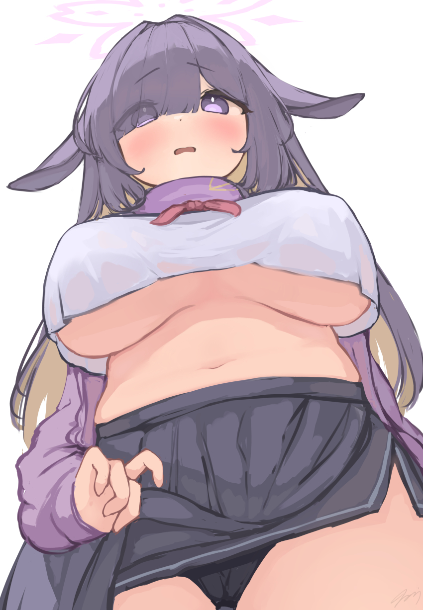 1girl animal_ears black_panties blonde_hair blue_archive blush breasts cardigan clothes_lift colored_inner_hair floppy_ears from_below hair_over_one_eye halo large_breasts long_hair multicolored_hair navel no_bra open_cardigan open_clothes open_mouth panties panty_peek purple_cardigan purple_eyes purple_hair purple_skirt rabbit_ears shirt_overhang skirt skirt_lift solo standing teruriu tsukuyo_(blue_archive) underboob underwear white_background