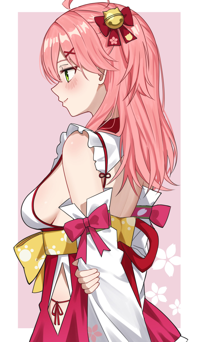 1girl absurdres ahoge back_cutout bell border breasts closed_mouth clothing_cutout commentary detached_sleeves frilled_kimono frills from_side green_eyes hair_bell hair_between_eyes hair_ornament hairclip hakama hakama_skirt highres hip_vent holding_own_arm hololive japanese_clothes jingle_bell kimono long_hair median_furrow medium_breasts mino_(miiiinon611) nontraditional_miko one_side_up panties panty_straps pink_background pink_hair pink_hakama sakura_miko sakura_miko_(1st_costume) side-tie_panties sideboob sideless_kimono simple_background skirt sleeveless sleeveless_kimono smile solo string_panties underwear virtual_youtuber white_border white_sleeves wide_sleeves x_hair_ornament