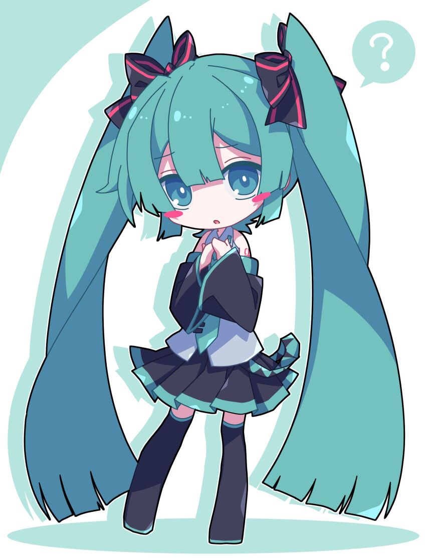 1girl ? alternate_hairstyle aosaki_yato bare_shoulders black_boots black_bow black_skirt black_sleeves blue_eyes blunt_bangs blunt_ends blush_stickers boots bow collared_shirt commentary detached_sleeves double-parted_bangs drop_shadow full_body green_necktie grey_shirt hair_between_eyes hair_bow hands_up hatsune_miku highres long_hair long_sleeves looking_at_viewer miniskirt necktie number_tattoo open_mouth pleated_skirt shirt shoulder_tattoo simple_background skirt solo spoken_question_mark standing tattoo thigh_boots thighhighs tie_clip twintails very_long_hair vocaloid white_background zettai_ryouiki