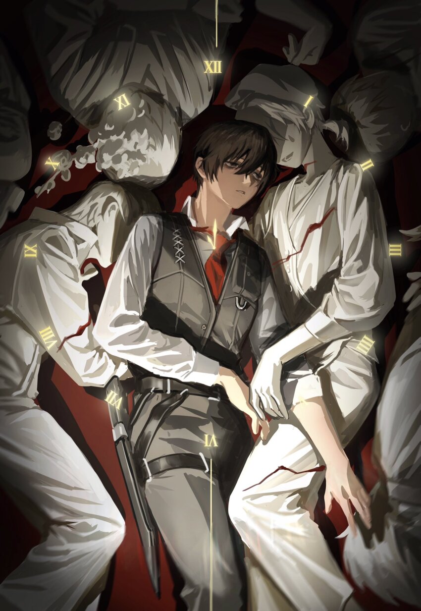 1boy bags_under_eyes belt black_eyes black_hair black_pants black_vest chiaroscuro clock collared_shirt commentary_request e.g.o_(project_moon) expressionless facial_mark feet_out_of_frame from_above hair_between_eyes highres icco_ho knife_sheath limbus_company long_sleeves lying male_focus multiple_persona necktie on_back pants parted_lips project_moon red_necktie ring_(identity)_(project_moon) roman_numeral sheath sheathed shirt short_hair spicebush_(e.g.o) statue teardrop_facial_mark technology_liberation_alliance_(identity)_(project_moon) vest white_shirt yi_sang_(project_moon)