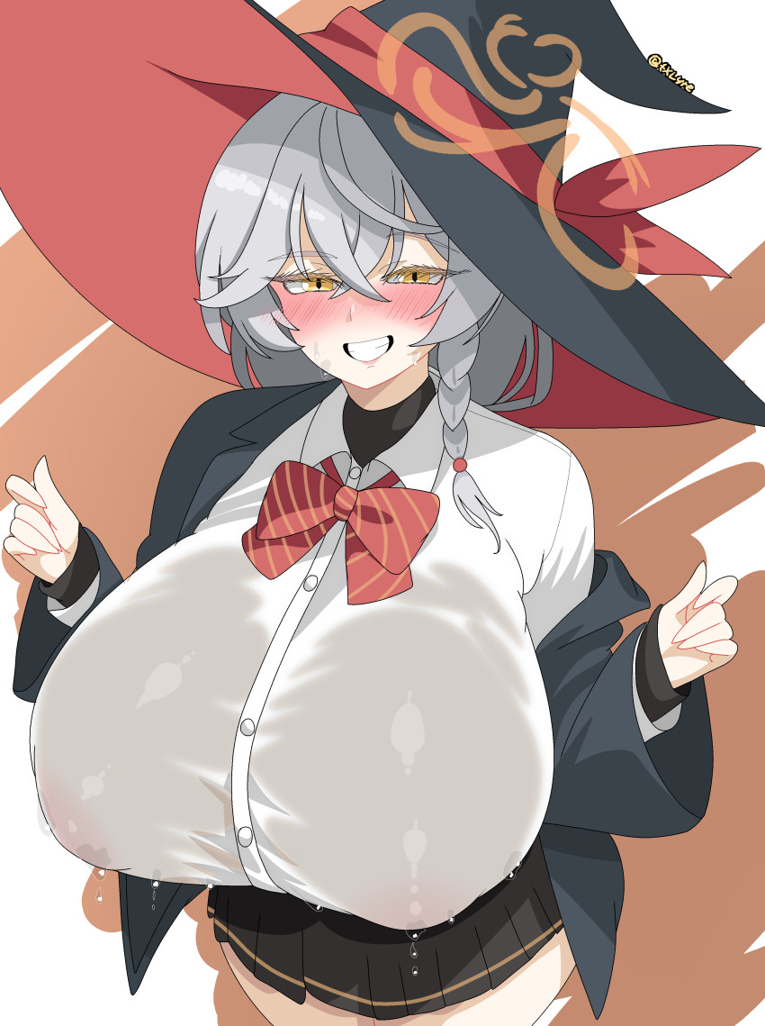 absurdres black_hat black_jacket black_skirt blue_archive blush braid breasts covered_erect_nipples cowboy_shot eri_(blue_archive) grey_hair grin hat highres huge_breasts jacket looking_at_viewer miniskirt pussy_juice shirt side_braid skirt smile txlyre wet wet_clothes white_shirt witch_hat yellow_eyes