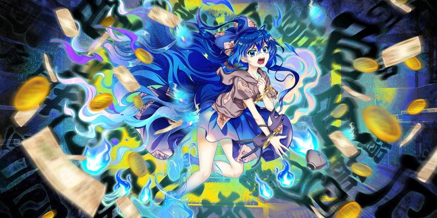 1girl bangle banknote blue_bow blue_eyes blue_fire blue_hair blue_skirt blurry bow bowl bracelet coin depth_of_field fire game_cg gold_coin grey_hoodie hair_between_eyes hair_bow highres hood hoodie jewelry long_hair looking_at_viewer money official_art open_mouth rotte_(1109) short_sleeves skirt solo stuffed_animal stuffed_cat stuffed_toy third-party_source touhou touhou_lostword very_long_hair yorigami_shion