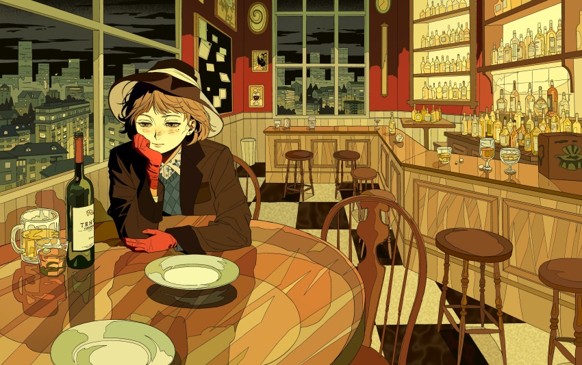 1girl absurdres alcohol bar_(place) bar_stool beer_mug chaojufei city commentary cup drinking_glass gloves highres mole mole_under_eye mug original plate red_gloves sitting solo stool table