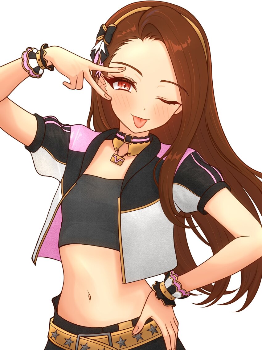 1girl 82k_mugi arm_up black_tube_top blush breasts brown_hair child choker hairband hand_on_own_hip hashtag-only_commentary highres idolmaster idolmaster_(classic) jacket long_hair looking_at_viewer midriff minase_iori navel one_eye_closed red_eyes short_sleeves simple_background small_breasts solo strapless tongue tongue_out tube_top upper_body v white_background wrist_cuffs