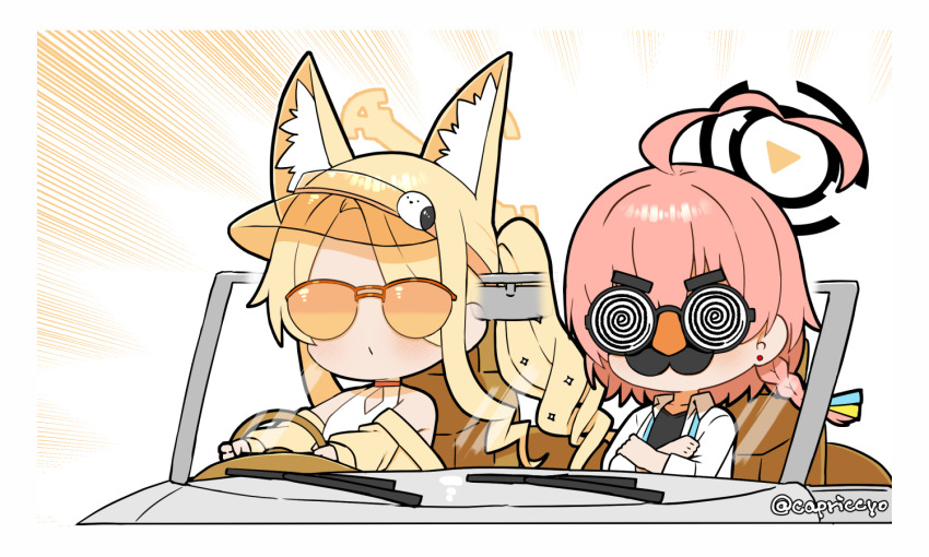 2girls ahoge animal_ear_fluff animal_ears black_shirt blonde_hair blue_archive braid brown-tinted_eyewear capriccyo car chibi closed_mouth collared_shirt convertible crossed_arms dress_shirt driving fake_facial_hair fake_mustache fox_ears glasses groucho_glasses halo jacket long_hair long_sleeves motor_vehicle multiple_girls neru_(blue_archive) neru_(school_uniform)_(blue_archive) off_shoulder one-piece_swimsuit open_clothes open_jacket open_shirt pink_hair puffy_long_sleeves puffy_sleeves seia_(blue_archive) seia_(swimsuit)_(blue_archive) shirt side_ponytail sleeves_past_wrists sunglasses swimsuit swimsuit_under_clothes tinted_eyewear twitter_username undershirt visor_cap white_one-piece_swimsuit x-ray yellow_jacket