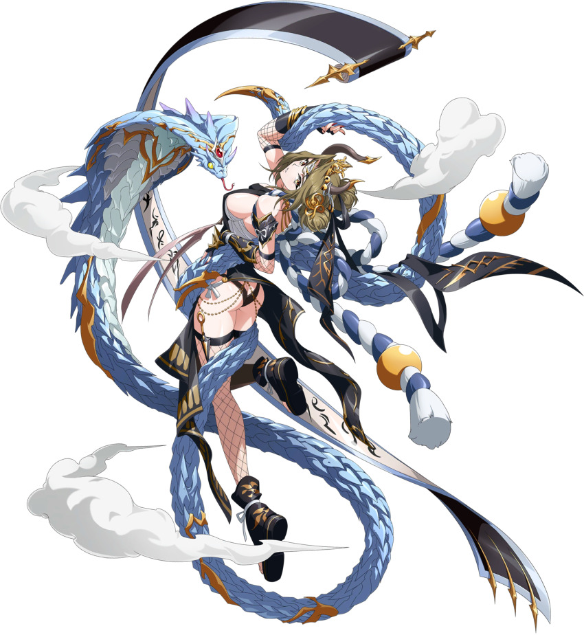 1girl animal arched_back arm_guards armor ass bandages bare_shoulders bell black_armor black_dress black_gloves black_panties black_shoes black_thighhighs blonde_hair blue_rope blue_snake breasts butt_crack chain chest_sarashi cloud cobra_(animal) curtained_hair double_bun dress fake_horns fingerless_gloves fingernails fishnet_sleeves fishnet_thighhighs fishnets floating floating_clothes forked_tongue from_behind full_body game_cg gem giant_snake gloves gold_chain gold_trim hair_bell hair_bun hair_ornament hairband hand_on_animal highres horn_hairband horned_headwear horns japanese_clothes knife kunai langrisser langrisser_millenium_ws langrisser_mobile large_breasts leg_up looking_at_viewer looking_back nail_polish official_alternate_costume official_art oversized_animal panties parted_bangs parted_lips petting rapier_(langrisser) red_gemstone red_nails rerebrace revealing_clothes rope sarashi scroll second-party_source shimenawa shoes side_slit sideboob simple_background snake snake_wrapped_around_arm snake_wrapped_around_body snake_wrapped_around_leg solo_focus tachi-e thigh_sheath thighhighs thighs thong tongue transparent_background underwear vambraces weapon white_rope wrapping yellow_eyes