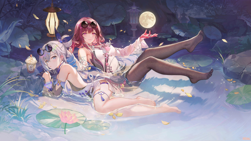 2girls atdan barefoot chinese_clothes dress drink flower garters gloves grey_eyes grey_hair highres honkai:_star_rail honkai_(series) kafka_(honkai:_star_rail) leaves moon multiple_girls pantyhose petals ponytail purple_eyes red_hair signed silver_wolf_(honkai:_star_rail) sunglasses water