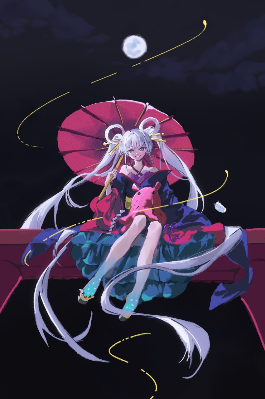 1girl absurdly_long_hair absurdres bare_shoulders blue_eyes c204 chinese_commentary chou_kaguya-hime! cloud commentary_request full_body full_moon hair_ornament hair_rings hair_stick highres holding holding_umbrella japanese_clothes kimono long_hair looking_at_viewer moon night off_shoulder oil-paper_umbrella runami_yachiyo sitting sky solo twintails umbrella very_long_hair white_hair