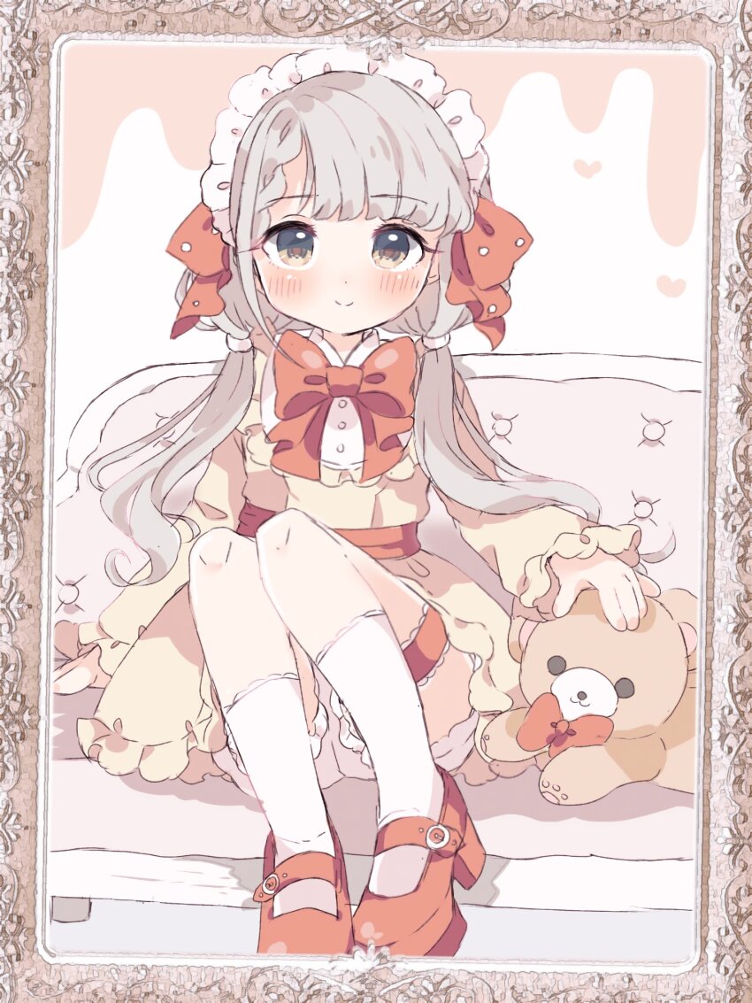 1girl block_heels bloomers blunt_bangs blush border bow brown_eyes couch dot_nose dress frilled_headband frilled_sleeves frilled_thigh_strap frills grey_hair highres hisakawa_nagi idolmaster idolmaster_cinderella_girls idolmaster_cinderella_girls_starlight_stage kneehighs light_smile long_hair long_sleeves looking_at_viewer on_couch ornate_border red_bow red_shoes remiri_nicoeli shoes sitting smile socks solo stuffed_animal stuffed_toy swept_bangs teddy_bear thigh_strap twintails underwear white_bloomers white_socks yellow_dress