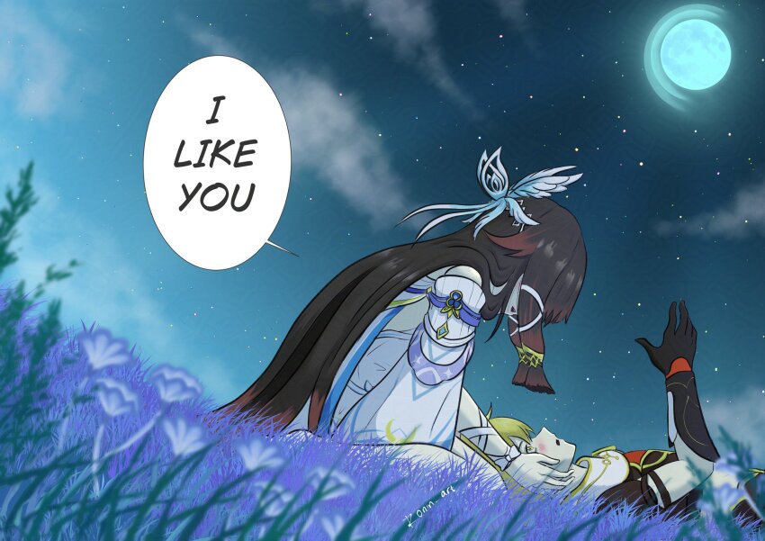 aether_(genshin_impact) black_hair blonde_hair blush columbina_(genshin_impact) commentary_request confession dress flower genshin_impact gloves hair_flower hair_ornament head_wings highres long_hair moon night ronin_art77 smile star_(sky) white_dress wings