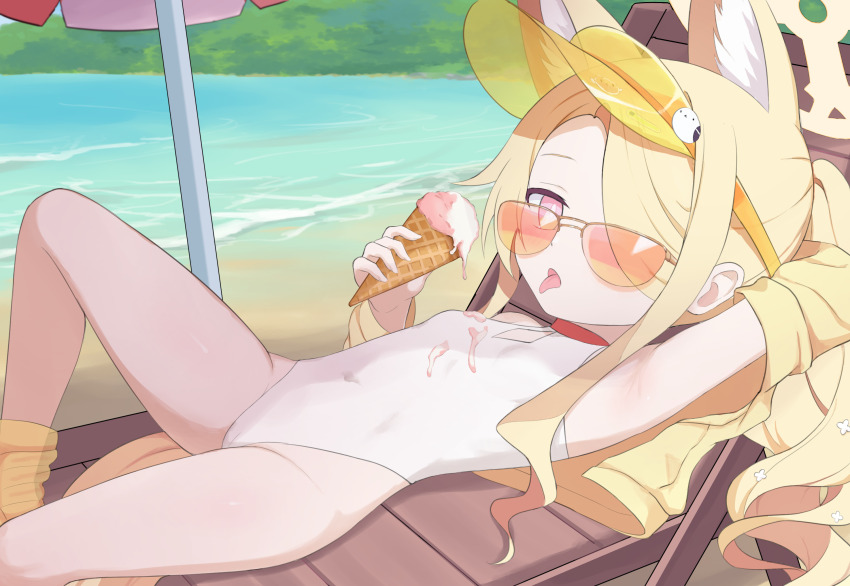 1girl animal_ears beach beach_chair blonde_hair blue_archive breasts commentary english_commentary food fox_ears halo highres ice_cream loli lying official_alternate_costume one-piece_swimsuit seia_(blue_archive) seia_(swimsuit)_(blue_archive) small_breasts solo sunglasses swimsuit tongue tongue_out umbrella visor_cap watarurikka white_one-piece_swimsuit