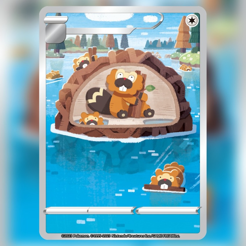 ._. :3 amelicart animal_focus bibarel bidoof blue_sky buck_teeth card_(medium) closed_mouth cloud commentary company_name copyright_name copyright_notice dam day english_commentary evolutionary_line gen_4_pokemon grass holding leaf nintendo no_humans official_art outdoors pokemon pokemon_(creature) pokemon_card pokemon_focus pokemon_tcg sky smile stick swimming teeth textless_version third-party_source trading_card tree water