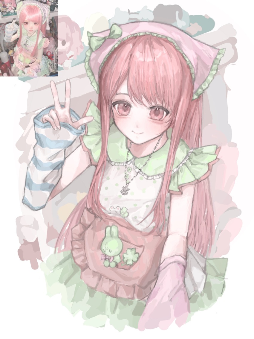 1girl aegyo_sal apron arm_warmers bare_shoulders bloom_poetry_(shining_nikki) blouse border bow character_doll chinese_commentary closed_mouth clover collared_shirt commentary_request cropped_legs doll dot_nose four-leaf_clover frilled_apron frilled_headwear frilled_shirt frilled_shirt_collar frills green_bow green_skirt happy hat hat_bow headscarf highres indoors light_blush long_hair long_sidelocks looking_ahead mismatched_arm_warmers nikki_(nikki) nikki_(series) pink_apron pink_arm_warmers pink_eyes pink_headscarf pleated_skirt pocket polka_dot polka_dot_shirt reference_inset shelf shining_nikki shirt shuimitaodamaichang sidelocks skirt smile snowflake_necklace solo straight_hair striped_arm_warmers stuffed_animal stuffed_rabbit stuffed_toy very_long_hair waist_apron white_arm_warmers white_border white_shirt