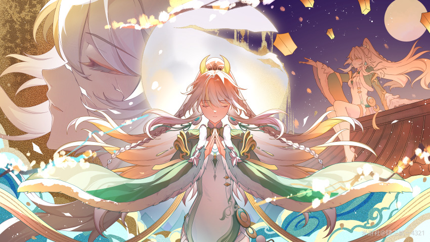 2girls absurdres blonde_hair braid chinese_clothes chinese_commentary closed_eyes closed_mouth commentary_request crescent crescent_hair_ornament dress full_moon genshin_impact hair_ornament high_ponytail highres holding instrument lantern long_hair long_sleeves miyoushe_watermark moon multicolored_hair multiple_girls music own_hands_together paper_lantern playing_instrument ponytail si_san_er_yi_4321 sitting sky_lantern standing streaked_hair twin_braids very_long_hair watermark white_dress white_hair zibai_(genshin_impact)