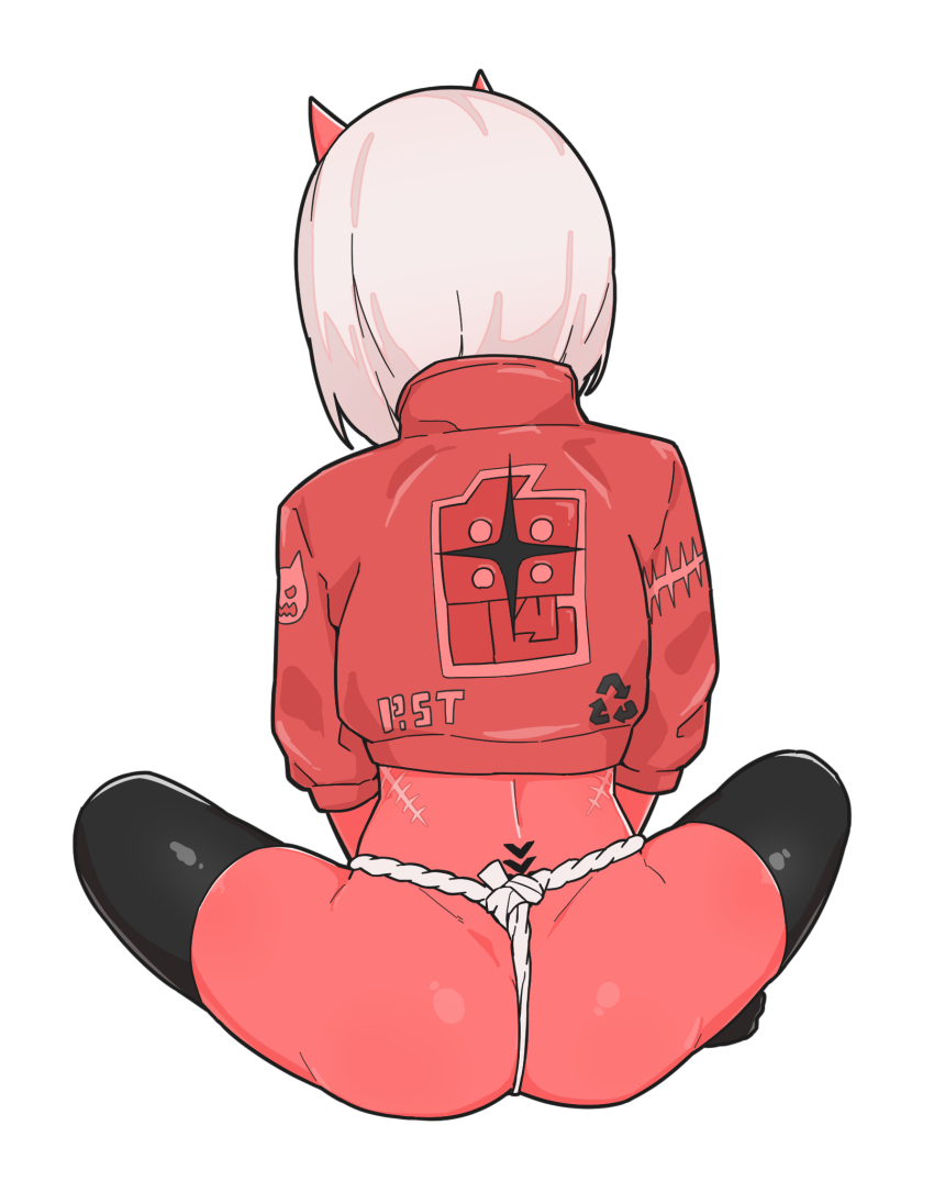 1girl ass breasts colored_skin commentary cropped_jacket facing_away from_behind fundoshi highres horns jacket japanese_clothes oni original piercing post_(shake_shakepost) red_skin short_hair sitting solo symbol-only_commentary thighhighs white_background white_hair