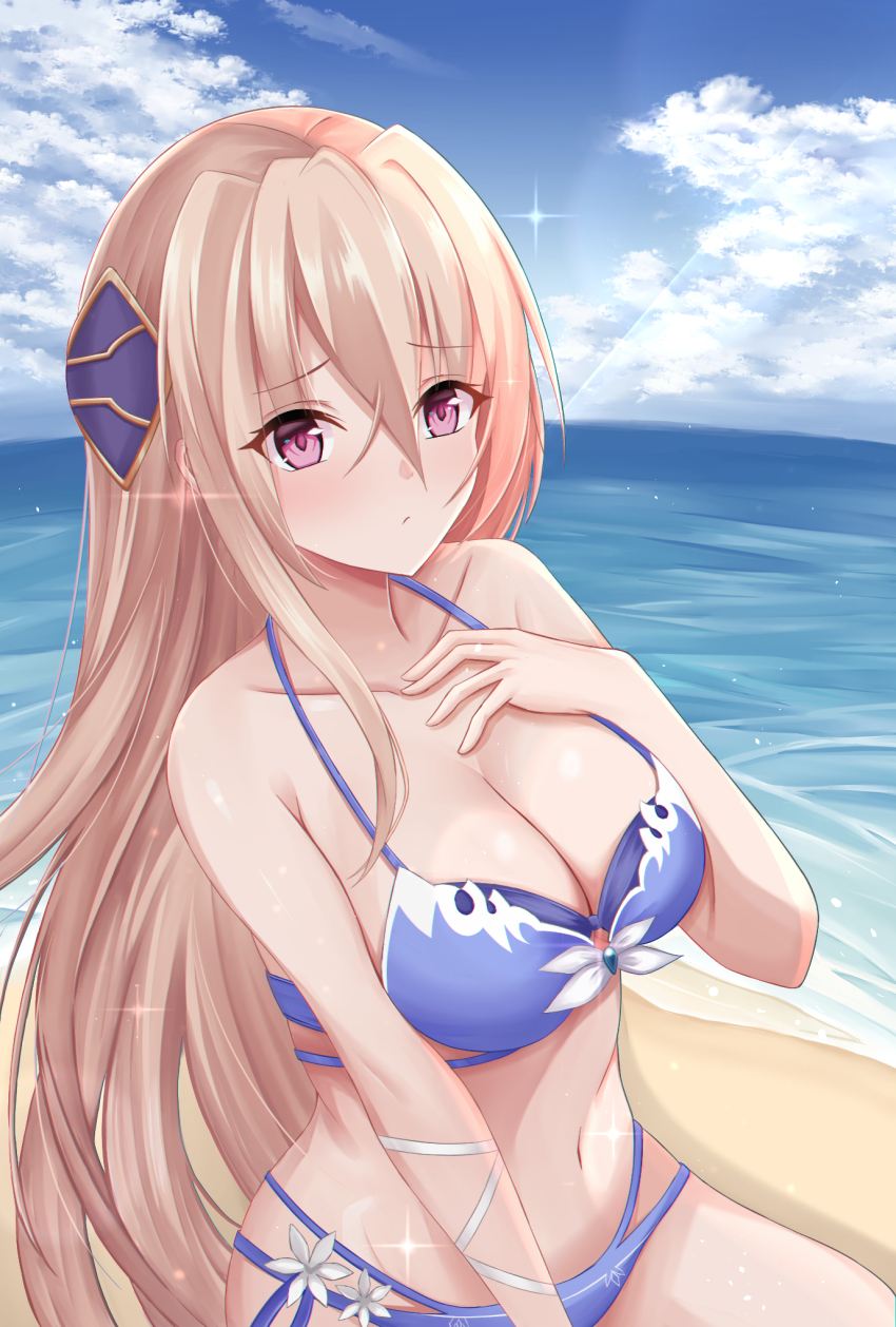 1girl beach blonde_hair breasts cloud cloudy_sky commentary_request hair_ornament hand_on_own_chest heaven_burns_red highres kosyou21057 large_breasts long_hair navel pink_eyes shirakawa_yuina sky swimsuit