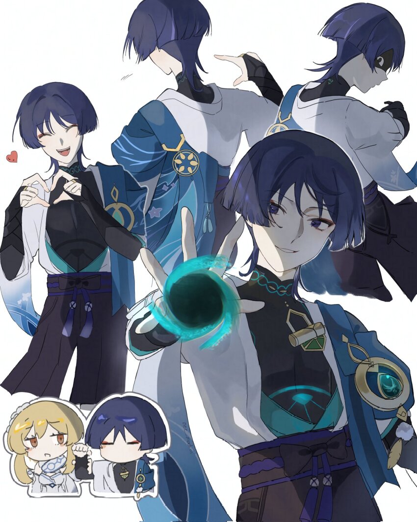 1boy 1girl anemo_symbol_(genshin_impact) animal_print aqua_gem arm_at_side arm_cutout armor belt bird_print black_belt black_bodysuit black_bow black_bridal_gauntlets black_shorts blonde_hair blue_cape blue_kimono blue_trim blunt_ends blush_stickers bodysuit bow bridal_gauntlets brown_eyes cape chibi chibi_inset choppy_bangs closed_eyes clothing_cutout dress eyelashes eyeliner facing_another facing_away facing_viewer feathers flower four-finger_heart_hands furisode gem genshin_impact gold_ring hair_between_eyes hair_flower hair_ornament hakama hakama_shorts halterneck hand_up heart heart_hands highres hip_vent holding_another's_arm japanese_armor japanese_clothes juban kimono kote kurokote looking_back lumine_(genshin_impact) makeup mandarin_collar middle_ring multiple_expressions multiple_views nee_madiiiii no_mouth open_clothes open_hand open_kimono open_mouth pleated_shorts pom_pom_(clothes) purple_rope purple_sash red_eyeliner rope sash scaramouche_(genshin_impact) scarf short_hair short_hair_with_long_locks short_sleeves shorts shoulder_peek sidelocks smile smirk tassel teeth tongue twitter_username upper_teeth_only vision_(genshin_impact) vortex wanderer_(genshin_impact) white_dress white_flower white_kimono white_mouth white_scarf white_sleeves white_trim yellow_feathers