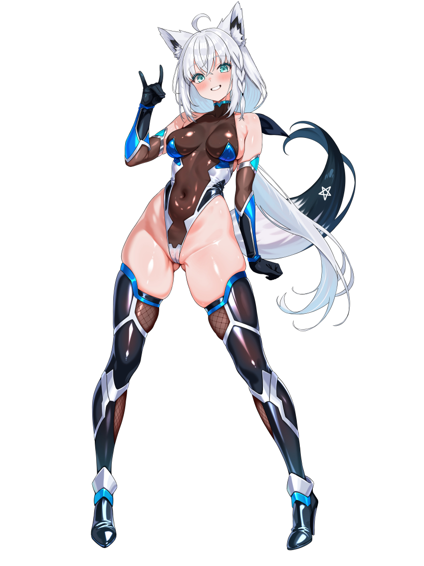 1girl absurdres animal_ear_fluff animal_ears black_gloves black_thighhighs braid breasts commentary_request covered_navel fox_ears fox_girl fox_shadow_puppet fox_tail full_body gloves highleg highleg_leotard highres hololive leotard long_hair medium_breasts naguanan see-through_clothes see-through_leotard shirakami_fubuki shoes solo standing tail taimanin_suit thighhighs virtual_youtuber white_hair