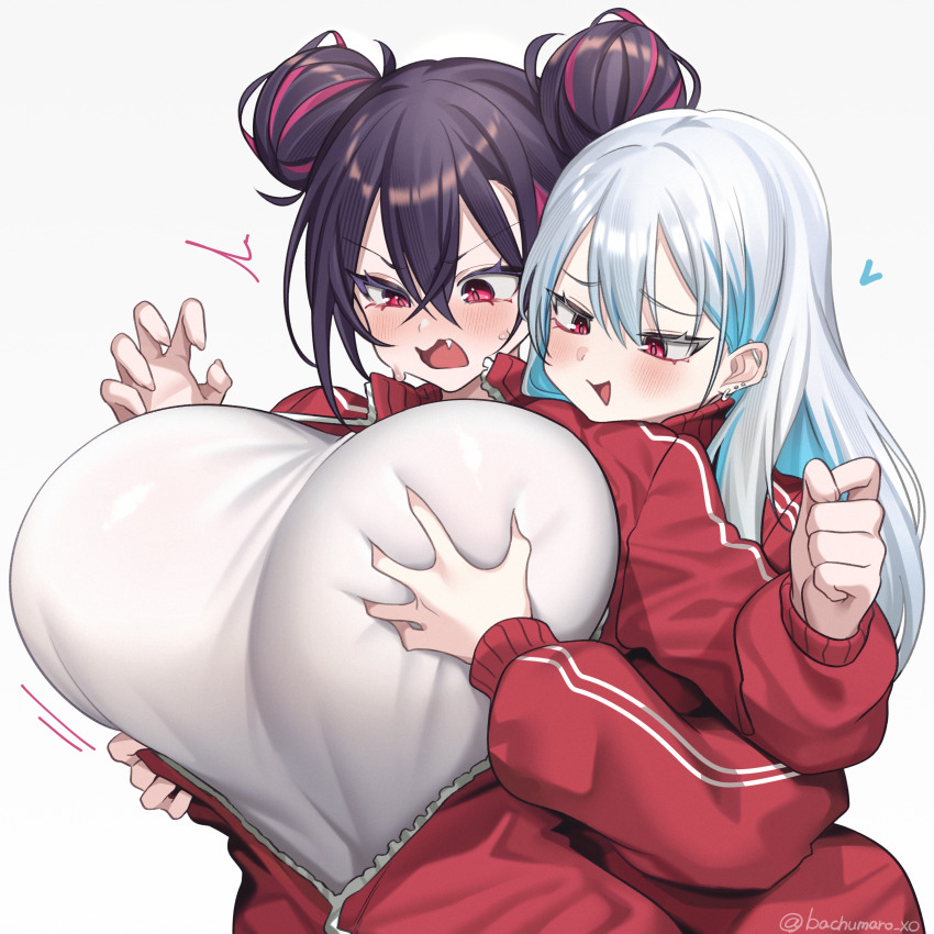 2girls absurdres aqua_hair bachumaro_xo black_hair blush borrowed_character breasts clenched_teeth commentary_request crossed_bangs double_bun fang grabbing_another's_breast groping gym_uniform hair_between_eyes hair_bun heart highres huge_breasts hz_(666v) jacket long_hair long_sleeves multicolored_hair multiple_girls open_mouth original red_eyes red_hair red_jacket school_uniform shirt sidelocks simple_background streaked_hair teeth two-tone_hair upper_body white_background white_shirt
