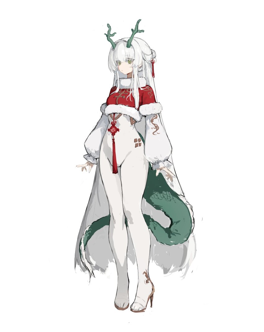 1girl absurdres bodysuit chinese_commentary commentary_request full_body green_eyes green_horns green_tail high_heels highres horns long_hair long_sidelocks long_sleeves looking_ahead lump_saury original sidelocks solo standing tachi-e tail very_long_hair white_bodysuit white_hair