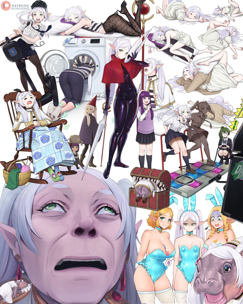 absurdres animal_ears ass bare_legs barefoot bemani black_leggings clothes_pull collage cosplay dance_dance_revolution dancing dismaiden dungeon_meshi fern_(sousou_no_frieren) frieren from_above from_behind from_side gregory_(over_the_garden_wall) gregory_(over_the_garden_wall)_(cosplay) highres hippopotamus holding holding_phone hollow_knight hollow_knight:_silksong hornet_(hollow_knight) hornet_(hollow_knight)_(cosplay) leggings marcille_donato meme mimic mimic_chest motor_vehicle nintendo on_scooter panties pantyhose pantyhose_pull phone pig playboy_bunny pleated_skirt police police_uniform princess_zelda rabbit_ears recording scooter sitting skirt sleeping sousou_no_frieren staff the_legend_of_zelda the_legend_of_zelda:_breath_of_the_wild underwear washing_machine willem_dafoe_looking_up_(meme) wirt_(over_the_garden_wall) wirt_(over_the_garden_wall)_(cosplay)