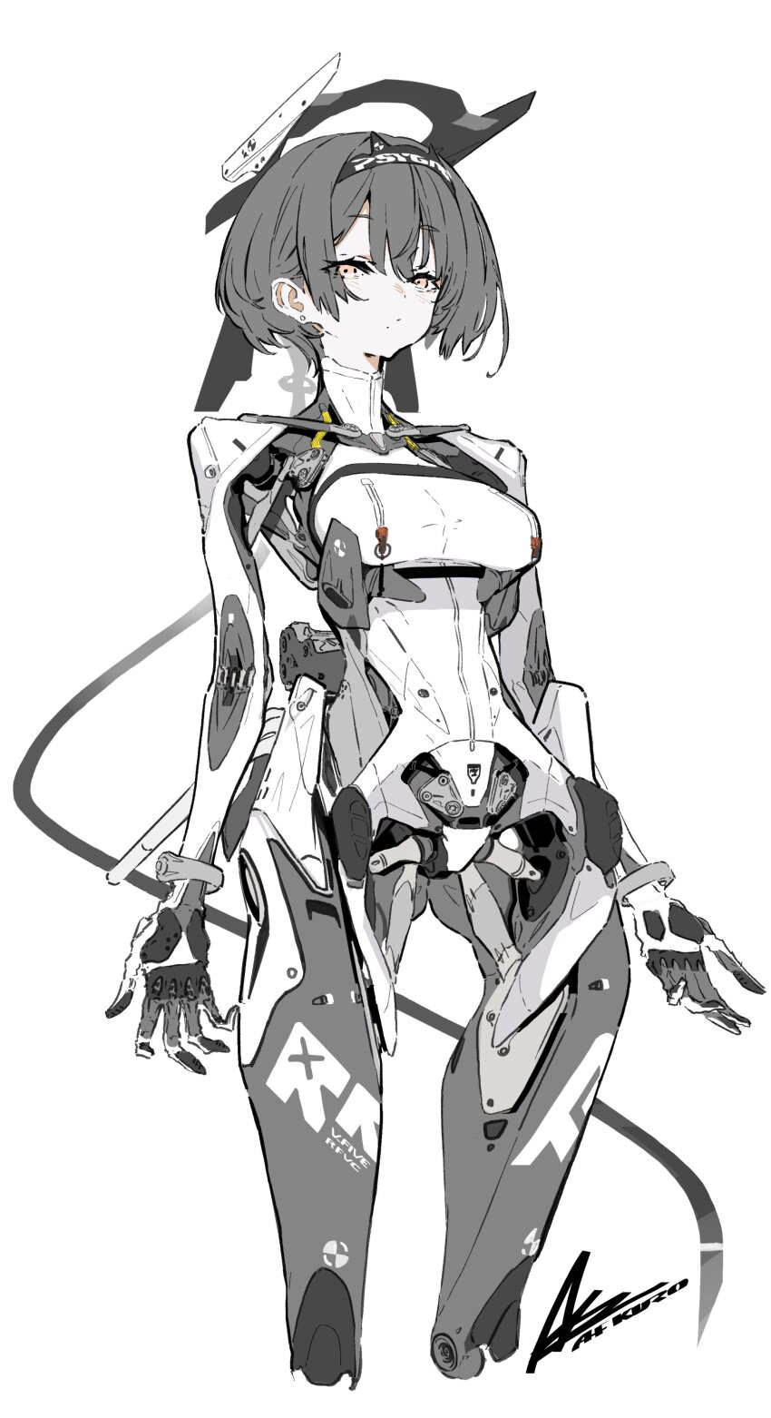 1girl absurdres afukuro android breasts cable engine expressionless grey_hair headgear highres joints mechabare orange_eyes original robot_joints short_hair shoujo_hatsudouki small_breasts solo