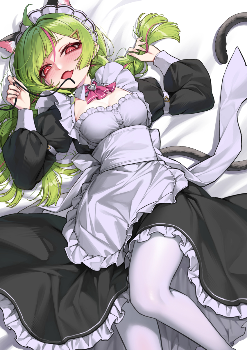 1girl :d absurdres ahoge animal_ear_fluff animal_ears apron ascot black_dress breasts cat_ears cat_girl cat_tail cleavage commentary_request curry_bowl delutaya dress fang frilled_apron frilled_dress frills green_hair hair_ornament highres indie_virtual_youtuber long_hair long_sleeves looking_at_viewer lying maid maid_apron maid_headdress medium_breasts on_back open_mouth pantyhose pink_ascot puffy_sleeves red_eyes skin_fang smile solo tail triangle_hair_ornament virtual_youtuber white_apron white_pantyhose