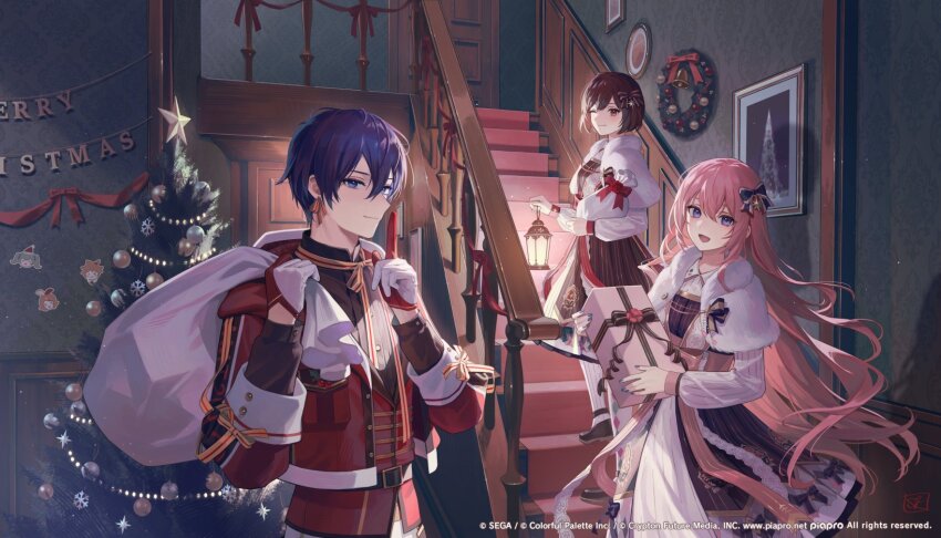 >_< 1boy 2girls ;) ^_^ bag black_shirt blue_bow blue_eyes blue_hair blue_nails bow brown_eyes brown_hair brown_shoes capelet christmas christmas_ornaments christmas_tree christmas_wreath closed_eyes commentary_request company_name copyright_notice dress esukee fingernails gift gloves glowing hair_bow hatsune_miku highres holding holding_bag holding_gift holding_lantern kagamine_len kagamine_rin kaito_(vocaloid) lantern long_hair megurine_luka meiko_(vocaloid) merry_christmas multiple_girls nail_polish official_alternate_costume official_art one_eye_closed picture_frame pink_hair project_sekai purple_eyes red_gloves shirt shoes smile snowflakes stairs star_(symbol) sticker very_long_hair vocaloid webpage white_capelet white_gloves wreath