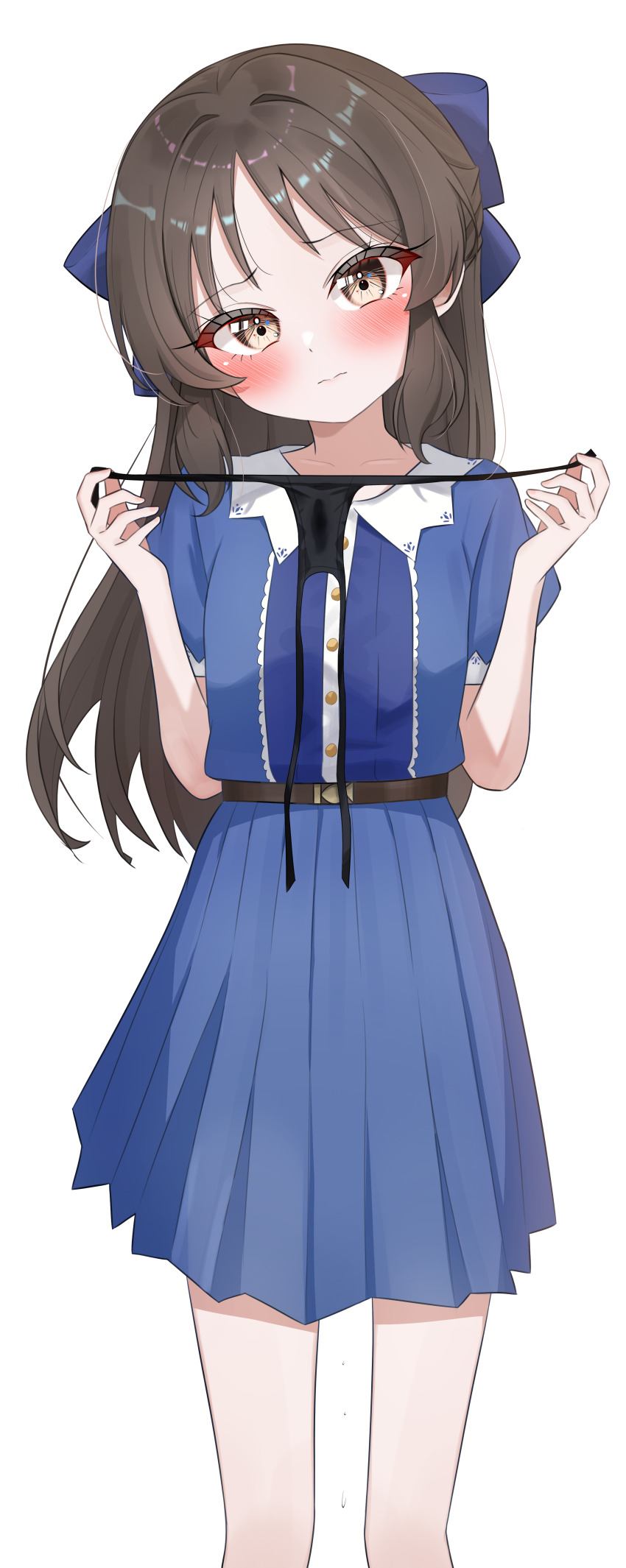 1girl absurdres belt blue_dress blush brown_hair commentary_request dress feet_out_of_frame fella_(vpffk0731) half_updo head_tilt highres holding holding_panties holding_underwear holding_unworn_clothes idolmaster idolmaster_cinderella_girls loli long_hair looking_at_viewer panties pleated_dress puffy_short_sleeves puffy_sleeves pussy_juice_stain short_sleeves side-tie_panties simple_background solo string_panties tachibana_arisu thighs underwear untied_panties unworn_panties white_background